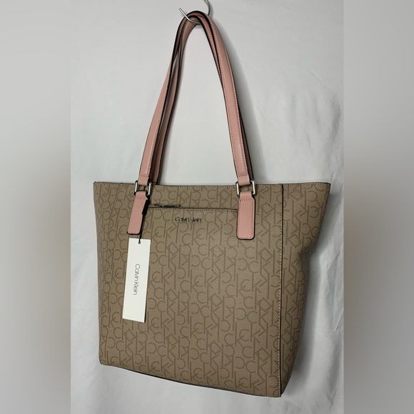 NWT Calvin Klein Monogram Tan Purse Shoulder Bag Pink Straps Gold Hardware